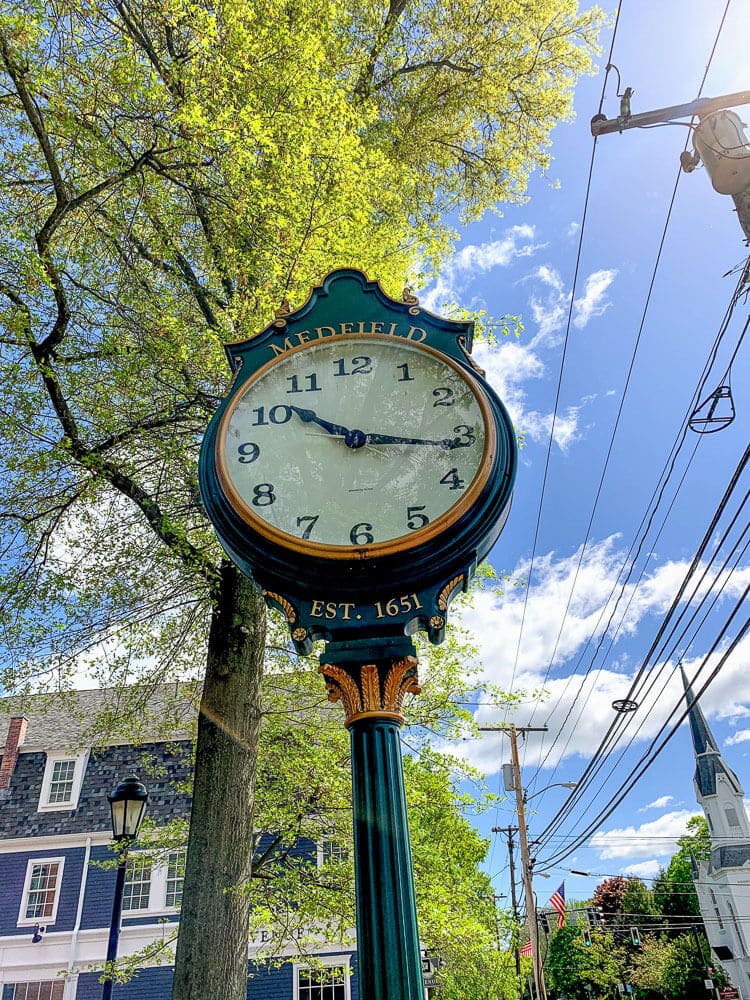 A clock in Medfield, MA, a city that Sinclaire Home Services, an hvac company, works in