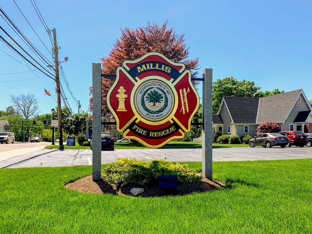 This sign is at the Millis Fire Rescue building in Millis, MA where Sinclaire Home Services, a hvac company, provides services.