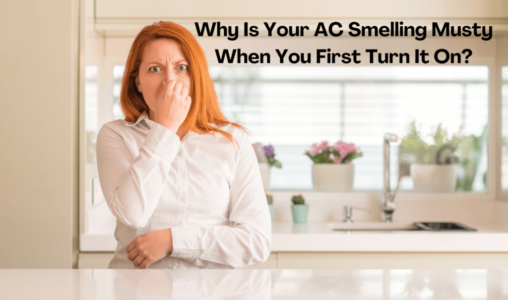 Woman cover her nose due to the musty smell from her AC
