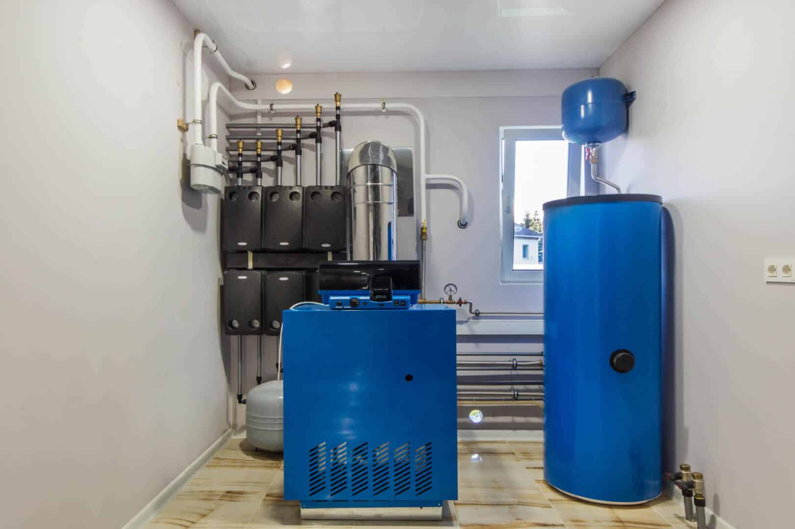 blue furnace in boiler room