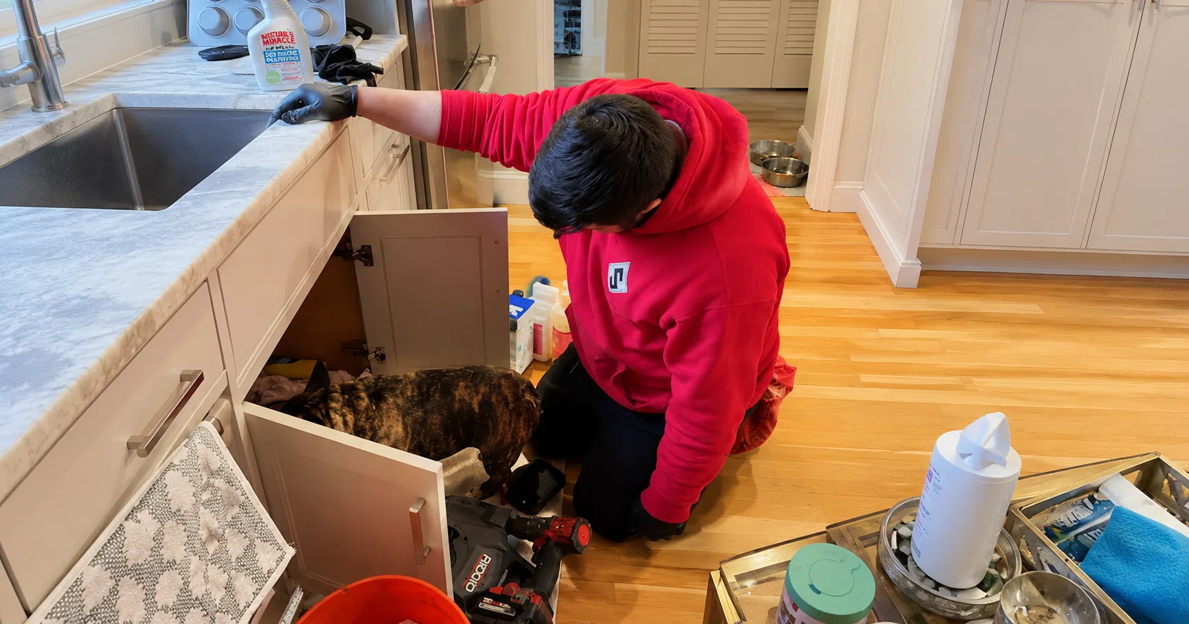 Licensed plumber inspecting a leaky pipe under a sink in a Walpole, MA home