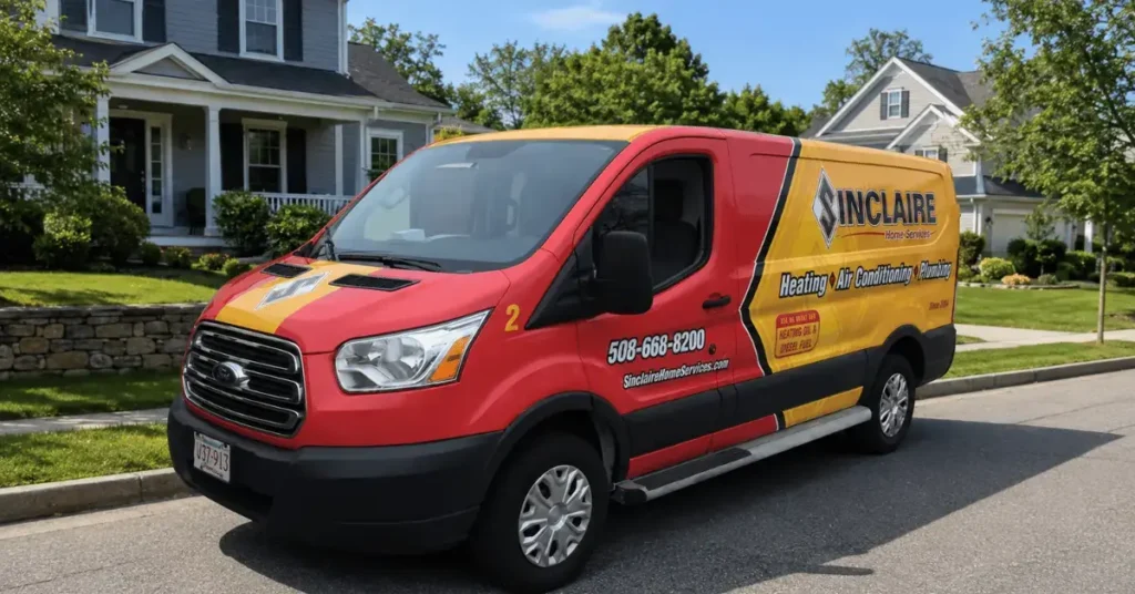 Sinclaire Home Services van parked outside a home in Sharon, Massachusetts