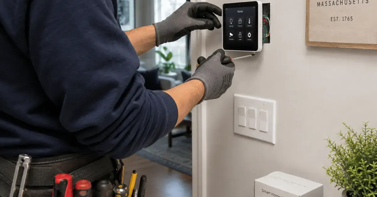 Electrician installing a wall-mounted smart home control panel in a Sharon, MA home